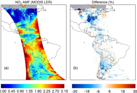 Figure 14. (a) OMI tropospheric NO 2 air mass factor (AMF) calculated using geometry-dependent MODIS-based LER; (b) percent differ- differ-ences with respect to climatological LERs for OMI orbit 12414 on 14 November 2006.