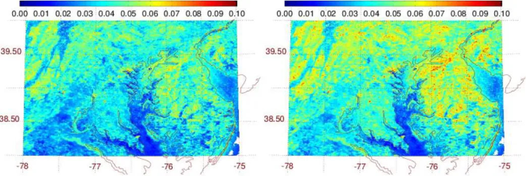 Figure 1. High spatial resolution MODIS-based LERs for the Baltimore–Washington area of the United States for 17 (left) and 18 (right) January 2005 computed with the original spatial resolution of 30 arcsec but for OMI observational geometries.