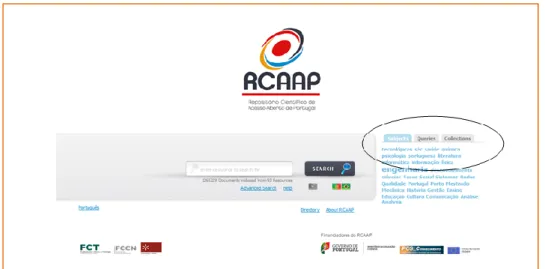 Figura 2: Página inicial do portal do RCAAP, onde se evidencia a opção de pesquisa por assunto, pesquisa  e coleção