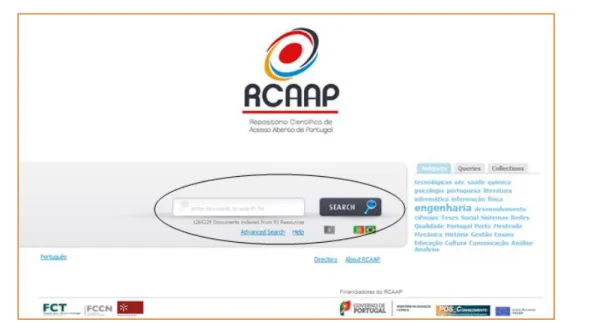 Figura 3: Página inicial do portal do RCAAP, onde se evidencia a opção de pesquisa avançada
