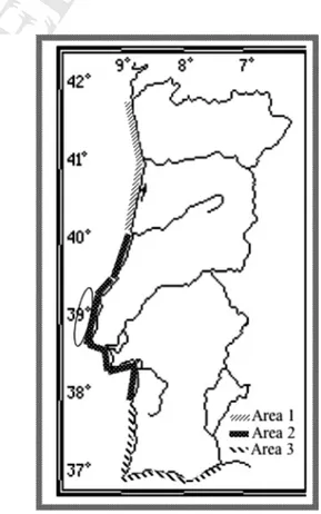 Fig. 1 Monitoring areas. Area1: from Caminha to Figue- Figue-ria da Foz; Area 2: from Figueira da Foz to Sines (encircled the area between Berlengas and Cabo da Rocha); Area 3: from Sines to Vila Real de Santo Anto´nio