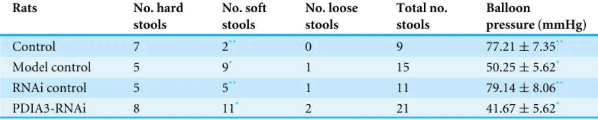 Table 1 Defecation and balloon pressure of rats subjected to the instillation of acetic acid and re- re-straint stress and injection of PDIA3-RNAi on day 10.