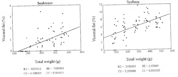 Figure 11 . The relationship between total body weight (g) and percenlage of visceral fat (%) in farmed seabream and  seabass 