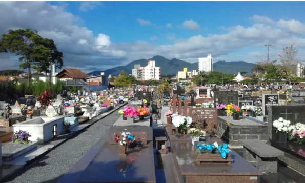 Fig. 1: Vista panorâmica do cemitério em relação à cidade e à cadeia de montanhas da região