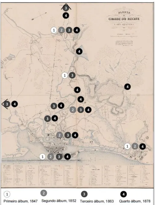 Fig. 6: Espacialização das imagens dos álbuns litográfico sobre mapa do Recife do século XIX