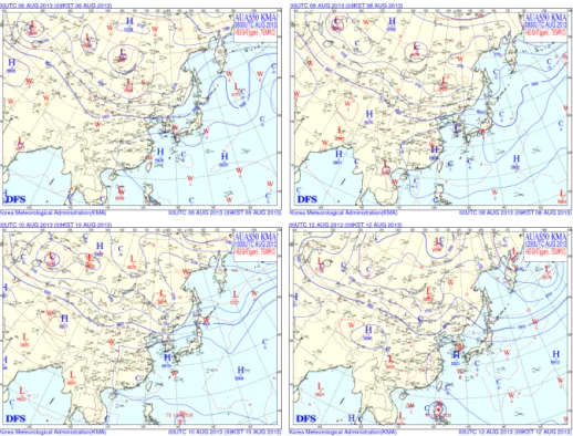Figure 5. Weather charts at the 500 hPa layer over the East Asia at 00:00 (UTC) on (a) 6 August, (b) 8 August, (c) 10 August and (d) 12 Au- Au-gust 2013 (from Korea Meteorological Administration).