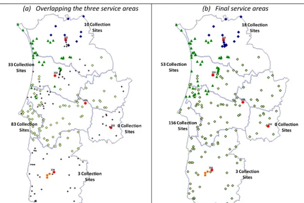 Fig. 9. (a) Service areas overlapped and (b) ﬁnal service areas.