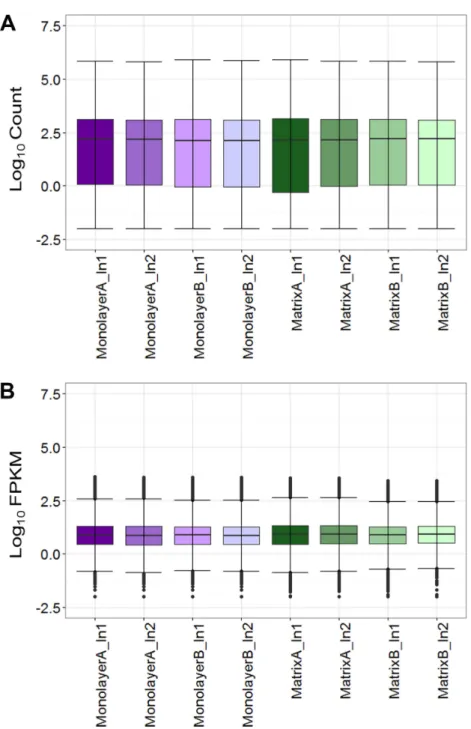 Figure 3 Boxplots of raw RNA-seq alignment counts (A) and thresholded FPKM normalized data (B).