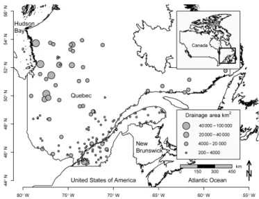 Figure 3. Location of the 151 hydrometric stations in southern Québec, Canada.