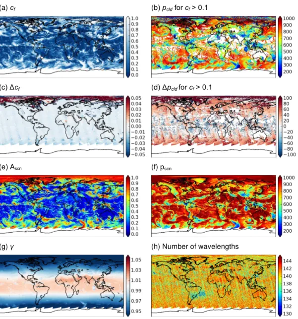 Figure 4. Results from the OMCLDO2 version 2 algorithm for 14 May 2005. (a) Effective cloud fraction, (b) effective cloud pressure, (c) difference of the effective cloud fraction (version 1.2.3 minus version 2), (d) difference of the effective cloud pressu