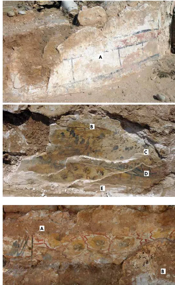 Fig. 12 – Estuques  pintados sobrepostos  no muro m1 (camadas  mais recentes). A – m1b B – m1c C – m1f D – m1e E – m1b? Fig
