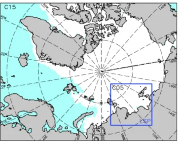 Figure 2. Model domain at 5 km resolution (C05) over the Laptev Sea (approximately 1500 km × 1500 km) with the sea-ice  concen-tration from AMSR-E showing open polynyas (≤ 70 %) on 4  Jan-uary 2008