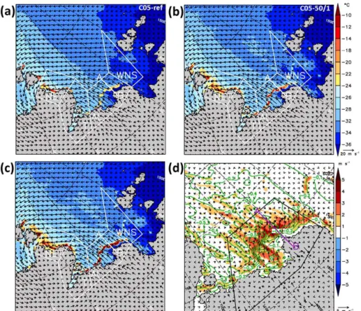Figure 6. Surface temperature and 10 m wind field on 4 January 2008 at 15:00 UTC in (a) C05-ref (reference), (b) C05-50/1 (realistic), and (c) C05-10/0 (open water)