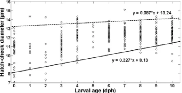 Figure 7.  Relation between sardine larvae age (days post-hatching) and otolith first increment check  diameter (μm) for larvae captured in the Bay of Biscay