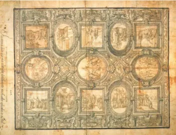 Fig. 2 Fernão Gomes, Projecto para a pintura do tecto da nave da  Igreja do Hospital de Todos os Santos, 1580-1590, desenho, 523 x  665 mm, Biblioteca Nacional de Portugal, Secção Iconografia inv