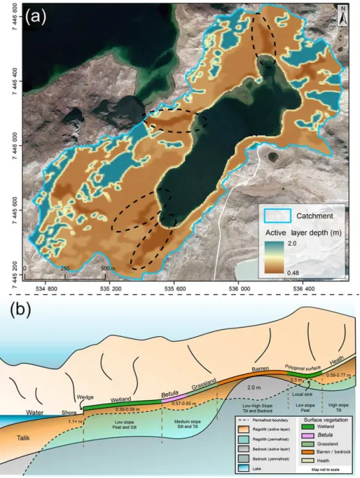Figure 7. (a) Maximum active layer thickness over the entire catchment of Two Boat Lake with dashed ellipsoids marking valleys found within the catchment