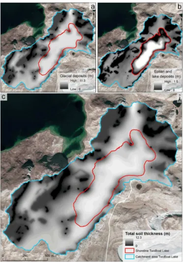 Figure 5. Modeled sediment thickness for different classes of sed- sed-iments in the catchment of Two Boat Lake