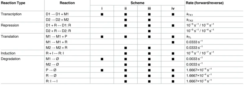 Table 1. List of chemical reactions in stochastic simulations and reaction rates. The network schemes in Fig 1A can be simulated by including the reac- reac-tions with black squares for (i) constitutive expression, (ii) constitutive repressor, (iii) autore