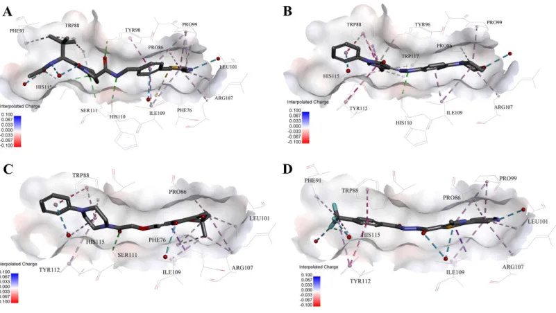 Figure 5 Predicted binding modes of (A) 4W9H native ligand, (B) compound 9, (C) compound 4 and (D) compound 5 to pVHL