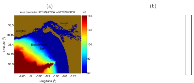 Figure 2.2: Bathymetry maps corresponding to the experimental sites of the: INTIFANTE’00 and MREA’04 sea trials (a); MREA’03 (b).