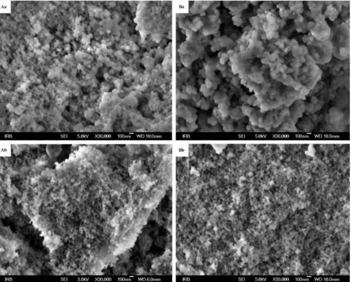 Figure 3. Scanning electron micrographs of Fe 3+  mullite and amorphous SiO 2  as synthesized (Aa), of Fe 3+  mullite and amorphous  SiO 2  treated in NaOH (Ab) and Fe 2+  mullite and amorphous SiO 2  as synthesized  (Ba), and of Fe 2+  mullite and amorpho