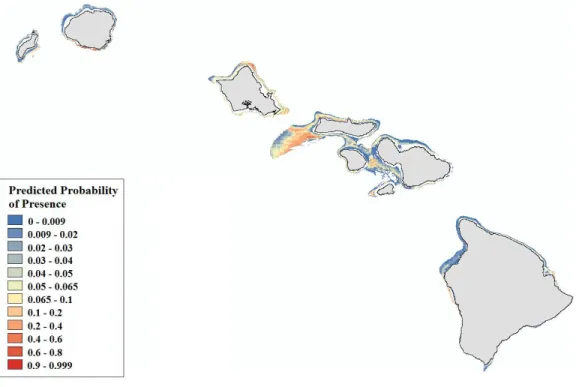 Figure 5 Modeled area of suitable habitat for Leptoseris. Probability of presence is depicted along a color gradient ranging from red (1; most suitable) to blue (0; least suitable).