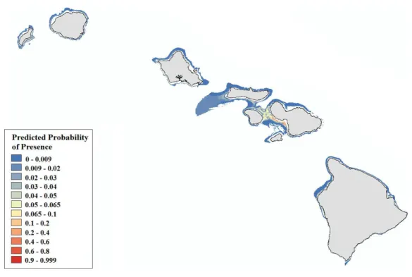 Figure 6 Modeled area of suitable habitat for Montipora. Probability of presence is depicted along a color gradient ranging from red (1; most suitable) to blue (0; least suitable).