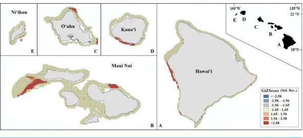 Figure 9 Mapped result of our Getis-Ord G ∗ i hotspot analysis performed for summed probability estimates of Leptoseris and Montipora occurrence