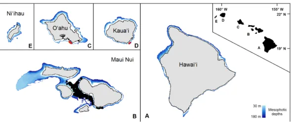 Figure 1 The mesophotic zone of the main Hawaiian Islands. The study domain, demarcated in blue, encompasses the mesophotic zone (30–180 m in depth) of the main Hawaiian Islands