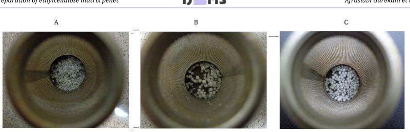 Figure 4. Images of pellets after dissolution test; A) group E, B) group G, and C) group H   