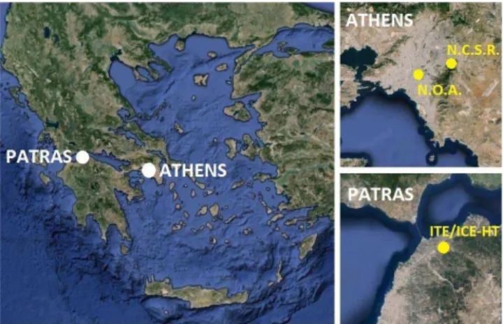 Figure 1. Maps of Greece, Athens, and Patras together with the locations of the measurement sites used during the three campaigns.