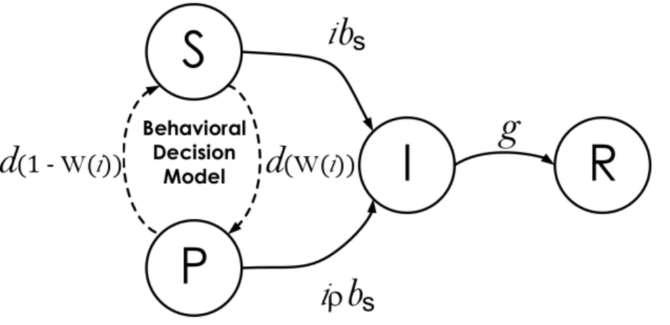 Figure 1 State-transition diagram of agents in the Disease Dynamics Model. S, P, I, and R represent the four epidemiological states an agent can be in: Susceptible, Prophylactic, Infectious, and Recovered, respectively