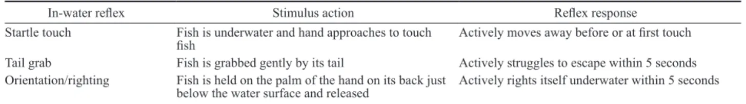 Table 3. – Reflex responses tested in water, with a description of the implemented stimuli and expected responses if the reflex was present  (adapted from Catchpole et al