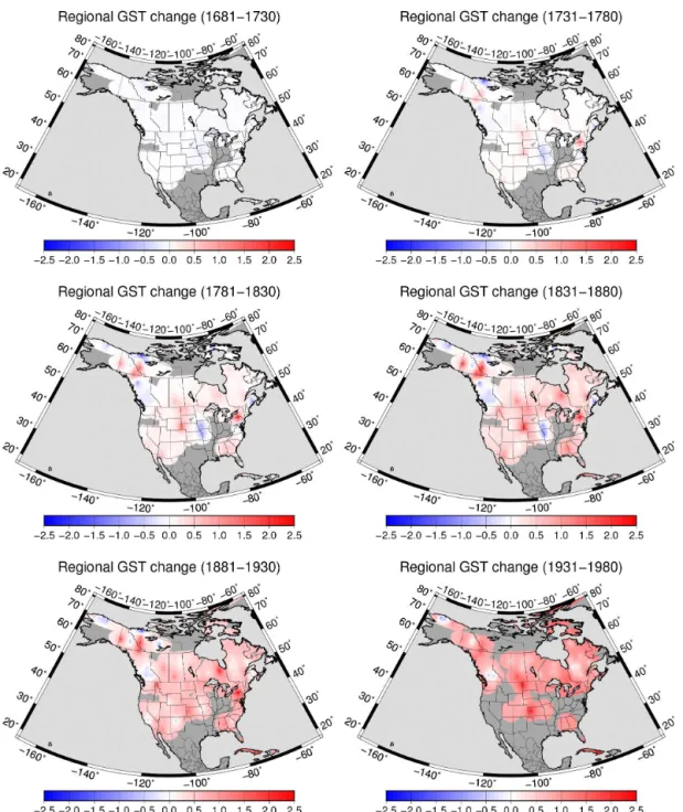 Figure 8. Spatial variability in the GST variation (in kelvin) from 1681 to 1980. Each panel shows a regionally interpolated mean GST over 50 years