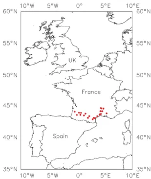 Figure 1. Location of the 21 SMOSMANIA stations in southern France (see station names in Supplement 1).