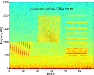 Figure 2.5: Spectrogram of the acoustic data received June 24, 12:57 pm, on hydrophone 8 of AOB22 at an approximate depth of 46 m and approximate source-receiver range of 5 km.