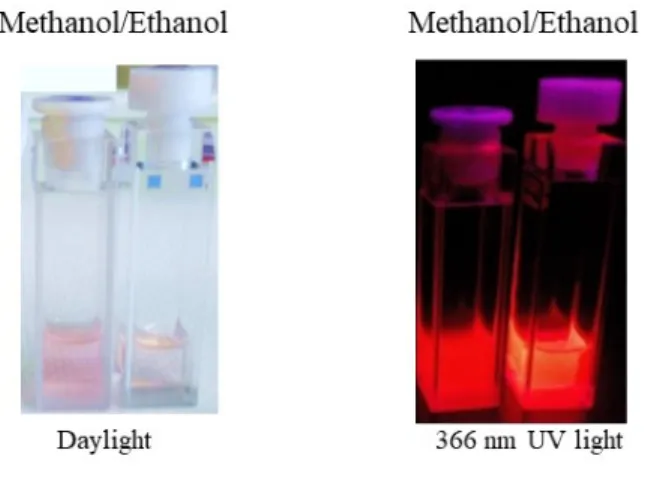Figure   3.  Picture   under   366   nm   UV   light   of  2  in   methanol   and   ethanol   with   the   same concentration (1 mM), with corresponding absorption spectra in figure 4.