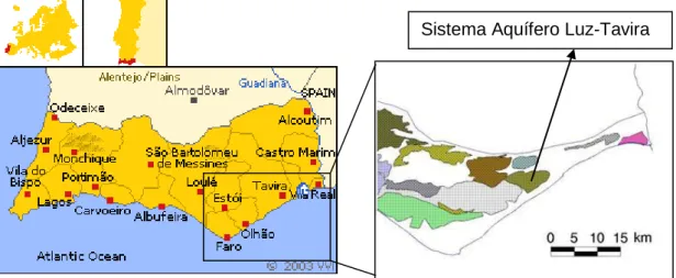 Figura 2.2. Localização geográfica do sistema aquífero Luz-Tavira., relativamente ao mapa do Algarve  (lado esquerdo) e relativamente aos restantes aquíferos do Algarve (lado direito)