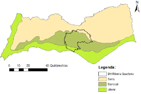 Figura 3.2 - Unidades geomorfológicas presentes no Algarve e respetivo  enquadramento na Bacia Hidrográfica da Ribeira de Quarteira 
