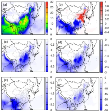 Figure 9. Predicted (a) spatial distribution of SOA for August 2013 and change of SOA concentrations (sensitivity case – base case) due to (b) reduction of anthropogenic NO x by 50 %, (c) reduction of anthropogenic VOC by 25 %, (d) simultaneous reduction o