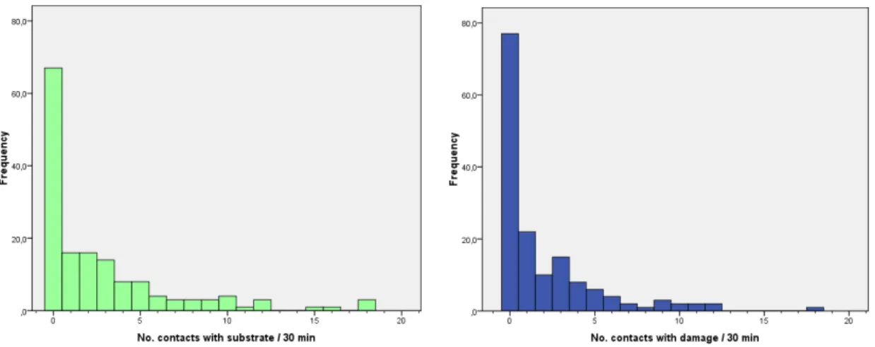 Figure 5 – Frequencies of divers (n=155) observed according to: number of contacts  with the total substrate (green) and number of contacts considered as damaging (blue),  during 30 minutes of their dives