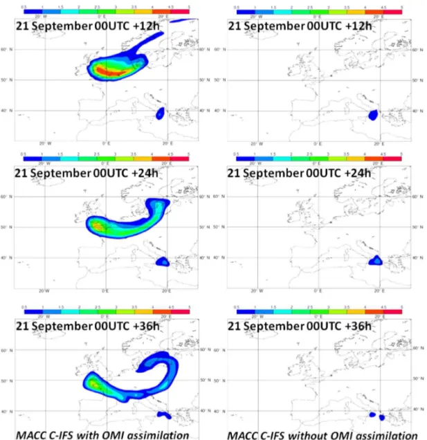 Figure 6. Charts of forecasted total column SO 2 produced within the MACC system for 21 September 2014 with OMI data assimilation (left) and without OMI data assimilation (right).