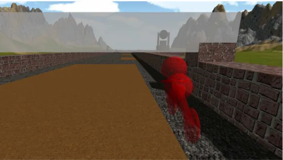 Figure 2 Screenshot of the exergame showing the trainer in front of the player. The red colour indicates that the player’s heart rate is in the high zone