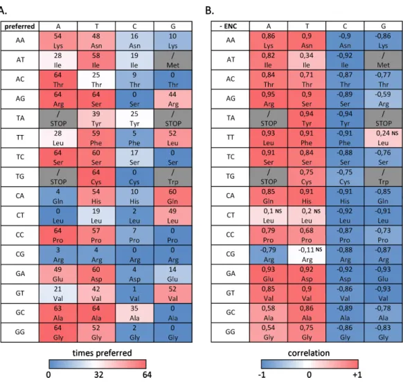 Figure 3 Codon usage bias in bivalves in mainly due to A/T-ending codons. (A) Number of bivalve species (out of the 64 selected for this study) where a given codon was preferred (RSCU &gt; 1)