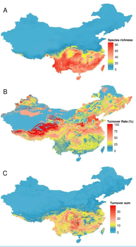 Figure 4 Turnover of species under climate change, using the BC45 scenario in the 2070s as example.