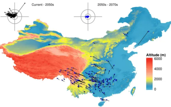 Figure 1 Predicted species movement in a climate scenario, using the BC45 scenario as an example.