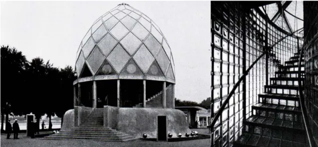 Figura 11 – Bruno Taut. Pavilhão de Vidro na exposição do Werkbund, Colónia, 1914. Interior e  Exterior