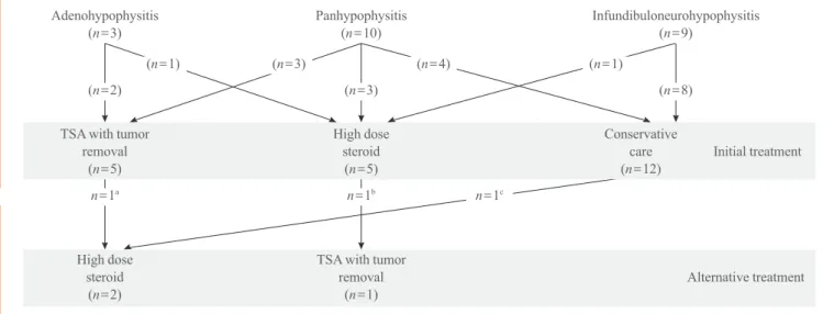 Fig. 1. Summary of treatment courses of 22 patients with primary hypophysitis. TSA, transsphenoidal approach