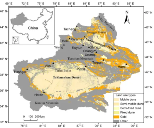 Figure 1. Location of Xinjiang Province in China (gray area outlined on inset map). Dust deposition and concentrations were measured at stations signified by small triangles