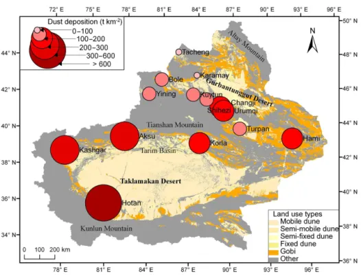 Figure 2. Annual average dust deposition reported at 14 stations in Xinjiang Province from 2000 to 2013